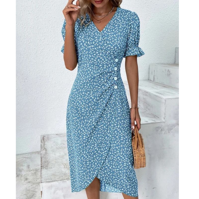 Womens V-Neck Dress with Waist Definition and Breathable Fabric, Mid-Length
