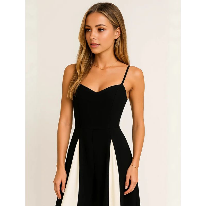 Floor-Length Formal Dress with Contrasting Panels and Structured Bodice