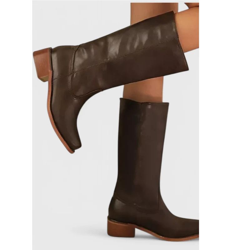 Womens Knee-High Leather Boots with Cushioned Insole and Stacked Heel, Pull-On Fit