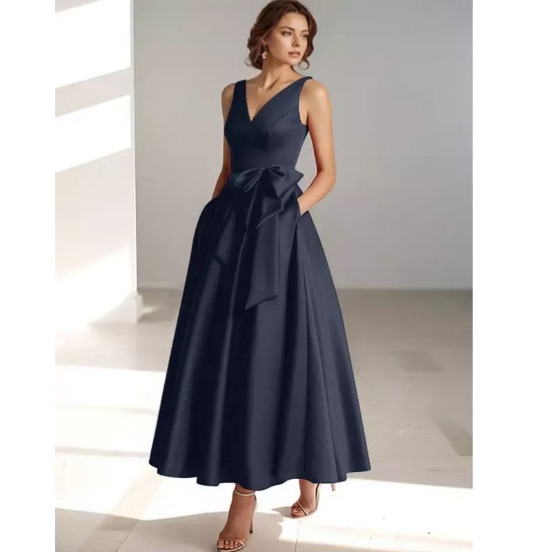 Womens A-Line Midi Dress with V-Neckline and Structured Bow Waist