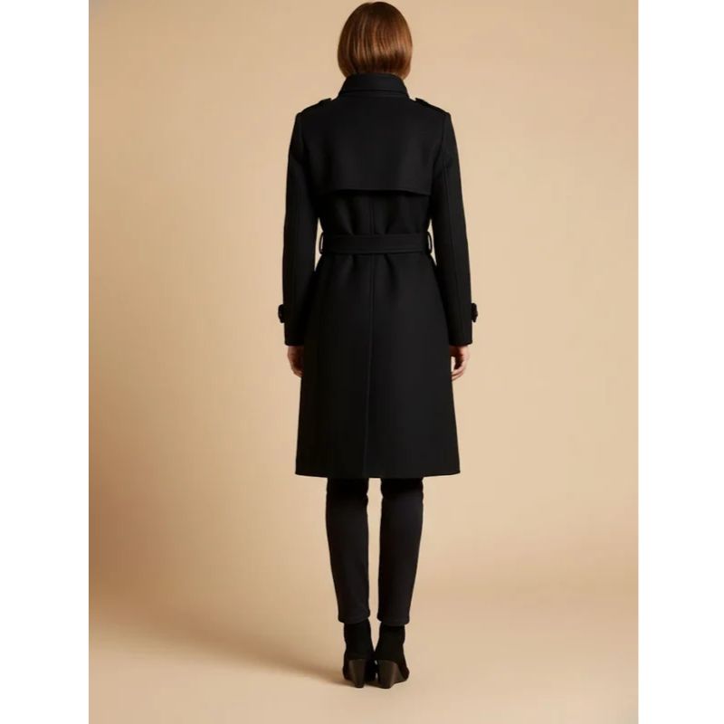 Womens Double-Breasted Coat with Classic Collar and Cuff Tabs, Mid-Length