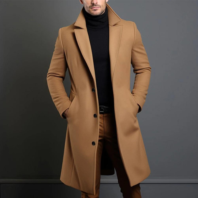 Mens Long Overcoat with Classic Lapel and Tailored Wool-Blend, Single-Breasted