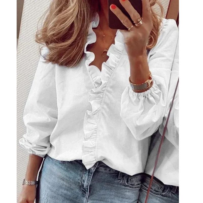 Womens Blouse with Ruffled Neckline and Pleated Balloon Sleeves