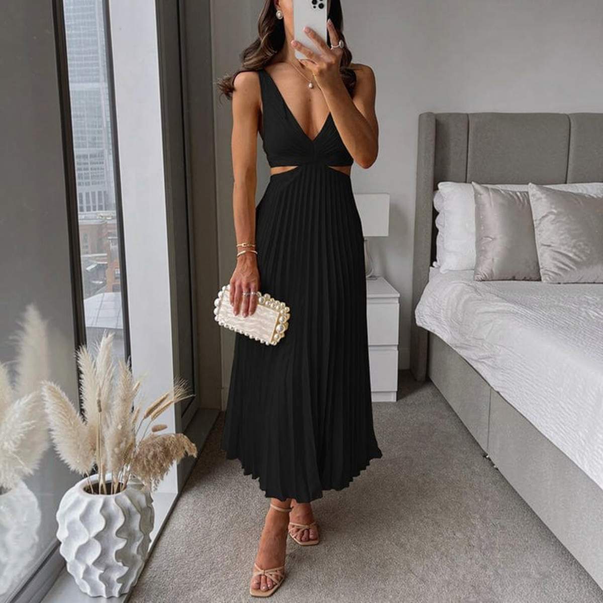 Pleated Midi Dress with Relaxed Flowing Fit and Breathable Lightweight Fabric, Hand Wash