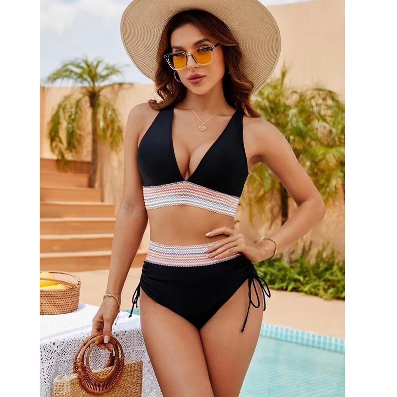 Womens High Waisted Swimwear Bottom with Structured Band and Adjustable Side Ties