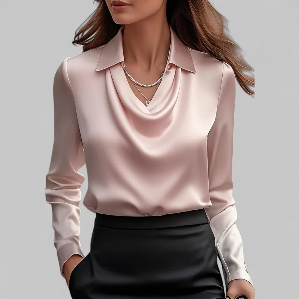 Womens Satin Blouse with Draped Neckline and Long Sleeves, Relaxed Tailored Fit