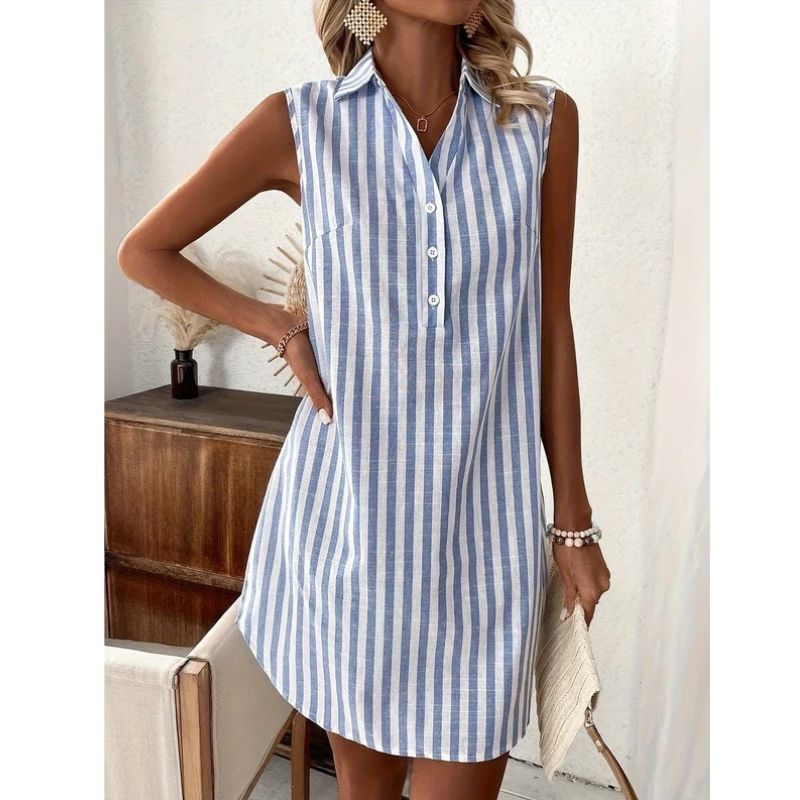 Lightweight Striped Shirt Dress with Structured Collar and Button Front