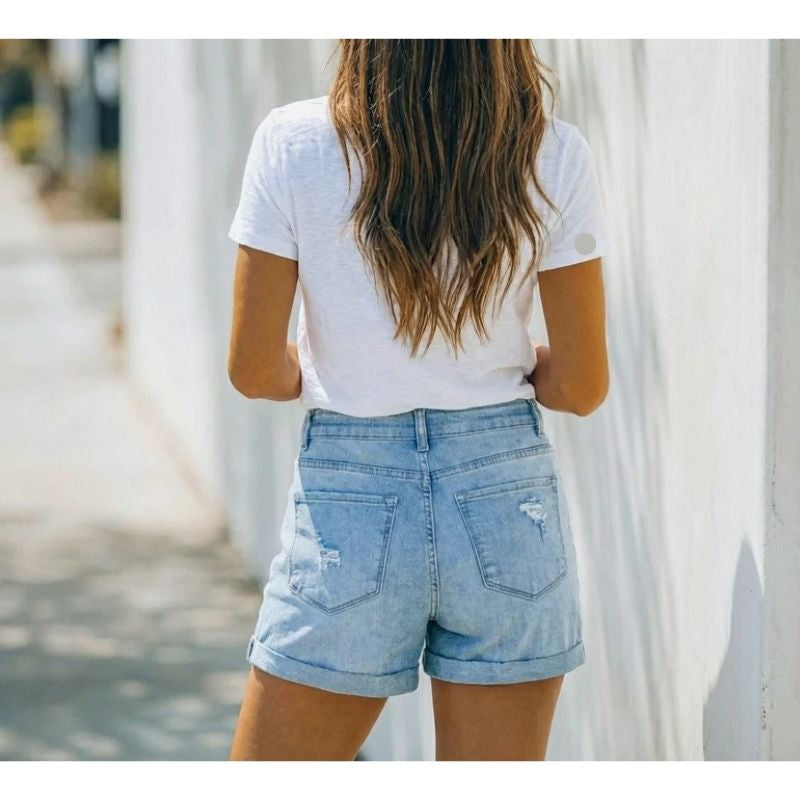 Denim Jorts with Button-Fly and Mid-Thigh Cut for Women, Relaxed Cotton Blend