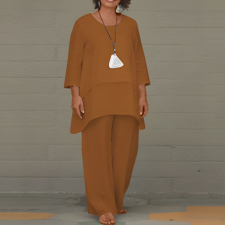 Womens Linen Top and Bottoms Set with Short Sleeves and Relaxed Fit