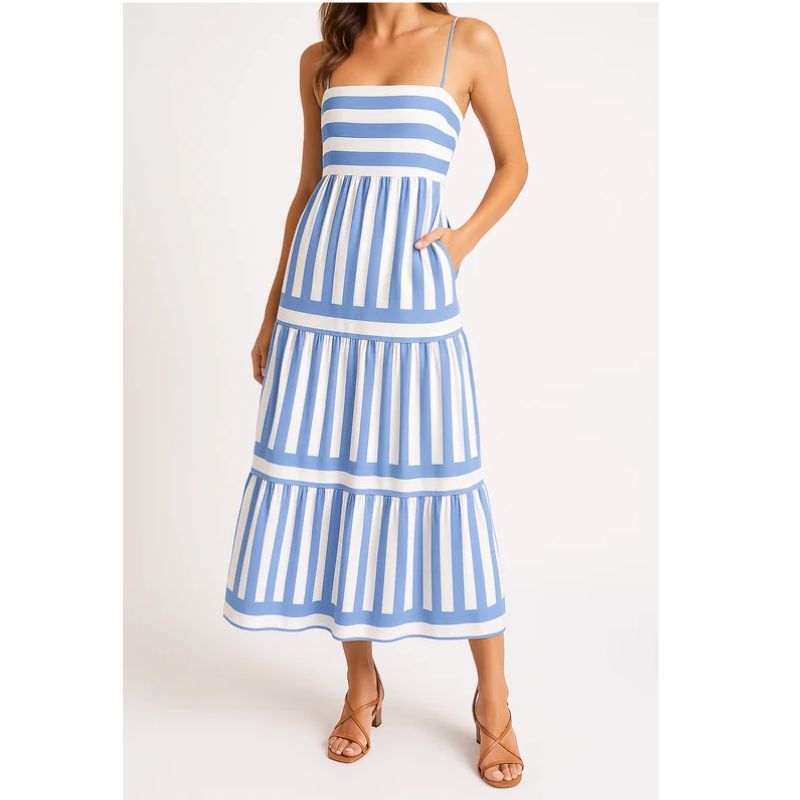 Womens Tiered Maxi Dress with Vertical Stripes and Side Pockets
