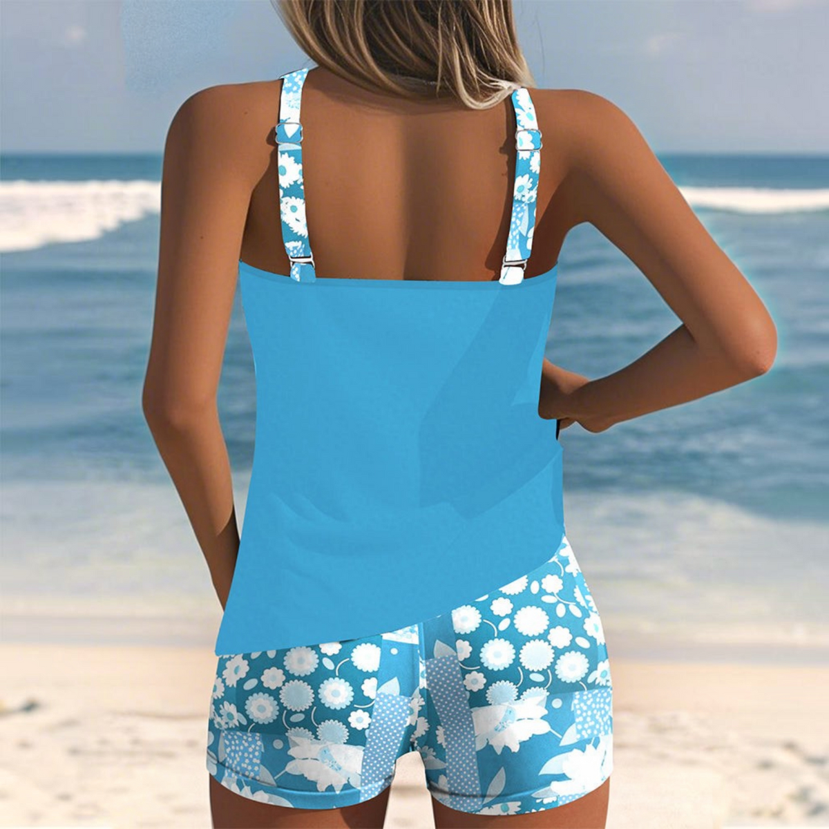 Tank-Style Swimsuit with Adjustable Straps and Floral Shorts