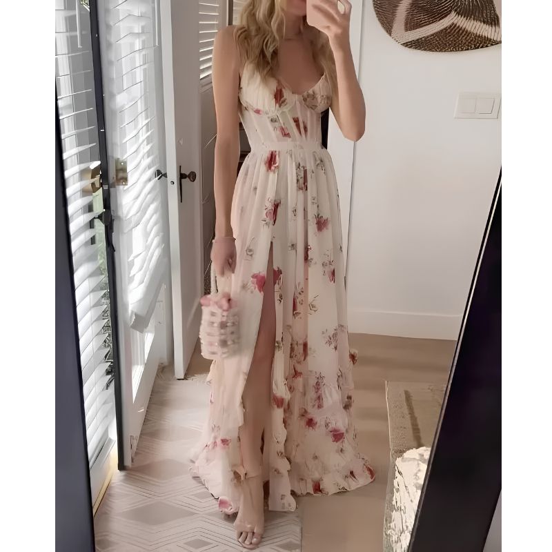 Floral Maxi Dress with High Slit and Lightweight Breathable Fabric