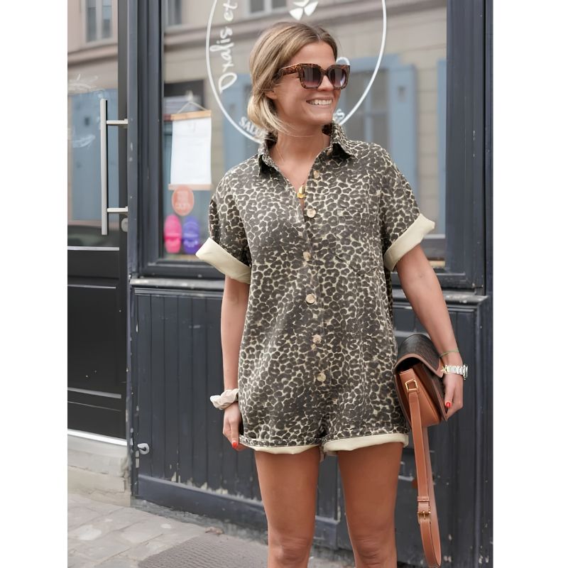Animal Print Romper with Button-Up Placket and Pointed Collar, Breathable Rayon