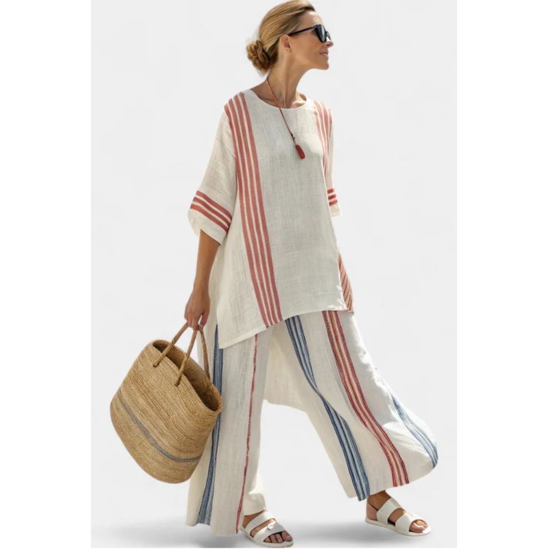 Womens Oversized Loungewear Set with Vertical Stripes and Lightweight Woven Fabric