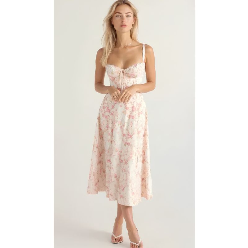 Womens Bustier Midi Dress with Spaghetti Straps and Fitted Waist