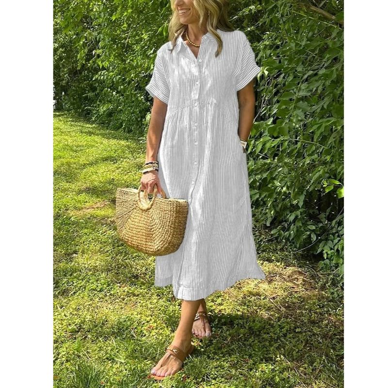 Button-Up Shirt with Collar and Vertical Stripes, Long Sleeve Relaxed Fit