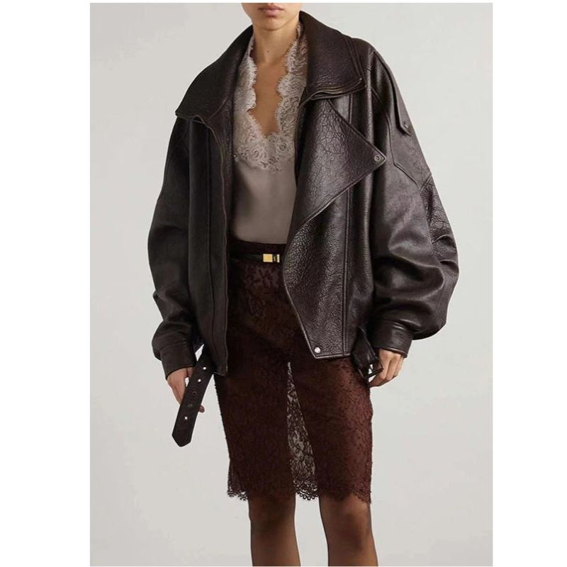 Oversized Faux Leather Bomber Jacket with Asymmetrical Zipper