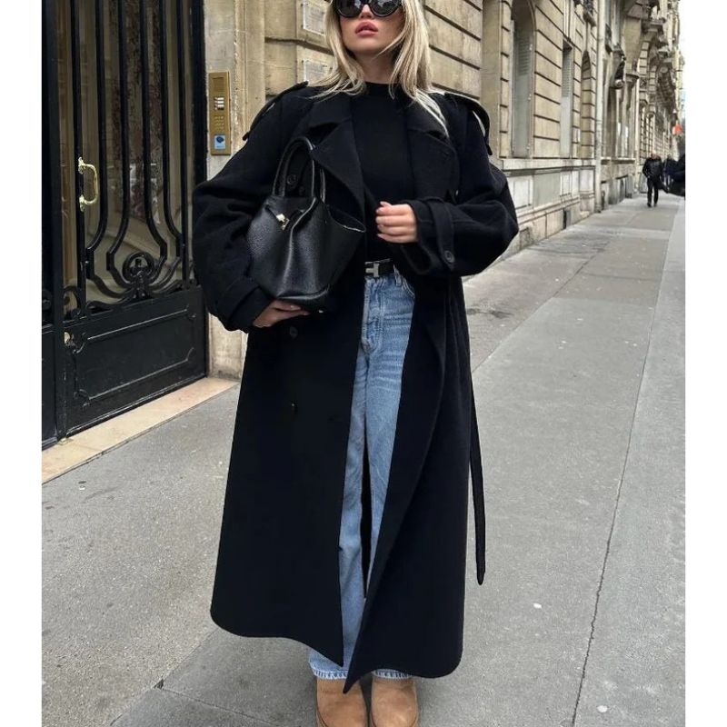 Womens Double-Breasted Trench Coat with Adjustable Belt and Military Shoulder Tabs