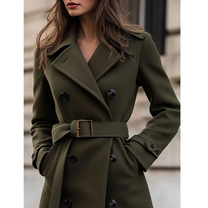 Womens Double Breasted Maxi Coat with Notch Lapel and Adjustable Belt