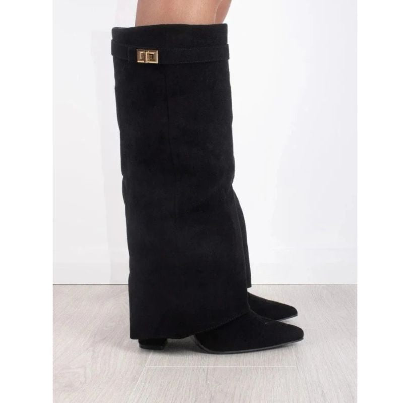 Thigh High Boots with Adjustable Buckle and Block Heel, Cushioned Insole