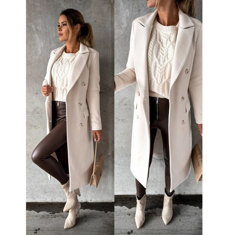 Womens Wool Winter Coat with Double-Breasted Button Front and Structured Shoulders