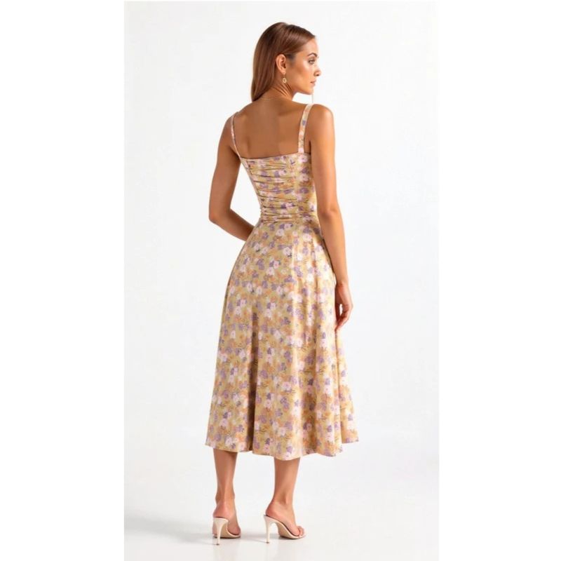 Corset Midi Dress with Structured Bodice and Flowing Flared Skirt, Stretch Lined