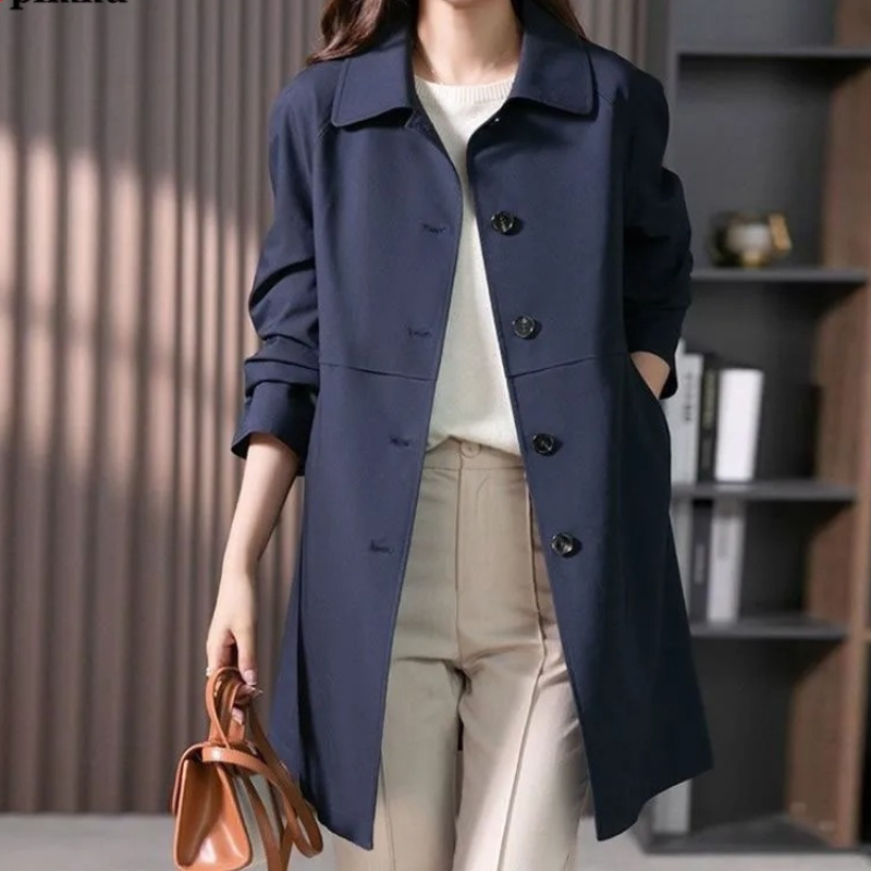 Womens Longline Trench Coat with Button Front and Structured Notch Collar, Lightweight