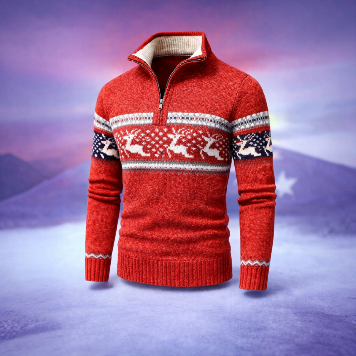 Mens Fair Isle Sweater with Half-Zip Stand Collar and Ribbed Knit, Long Sleeve