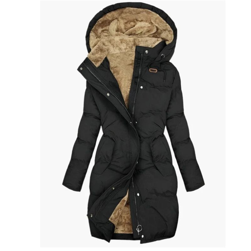 Long Quilted Coat for Women with Plush Hood and Fleece Lining, Zipper Front