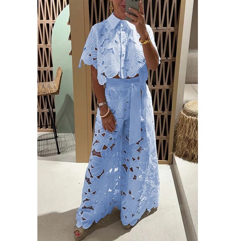 Floral Lace Two-Piece Set with Cropped Top and Wide-Leg Trousers, Sash Belt