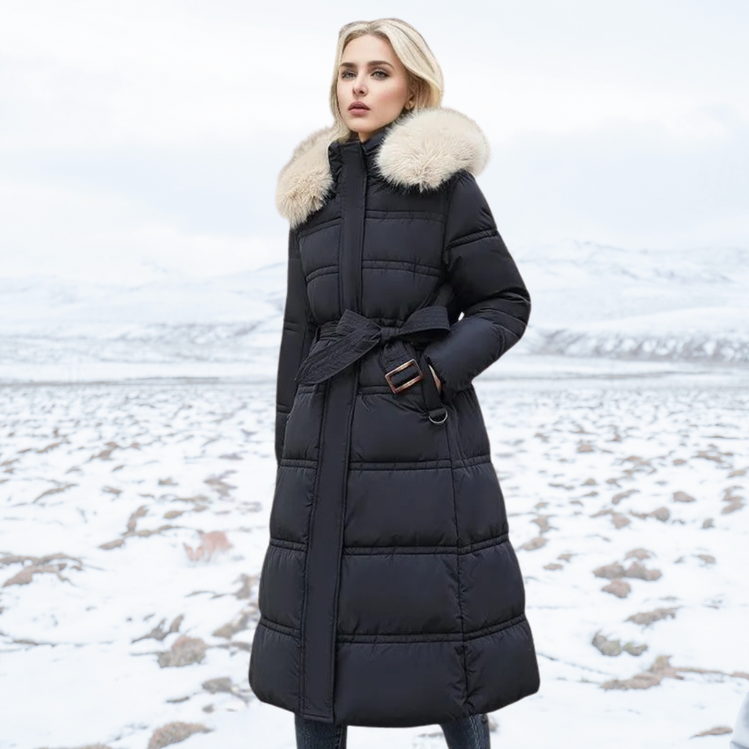Womens Long Puffer Coat with High Collar and Quilted Fill, Full-Length Zipper