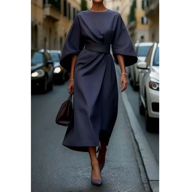 Lantern Sleeve Dress with Adjustable Waist Tie and Flowing Silhouette, Lightweight Fabric
