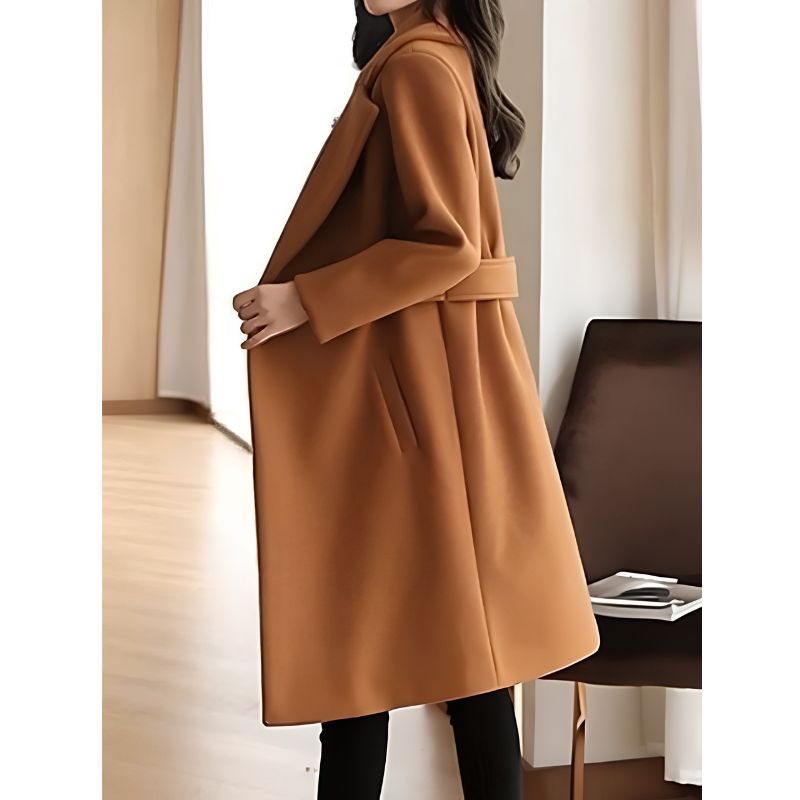 Womens Long Trench Coat with Wide Lapel Collar and Waist Tab Detail