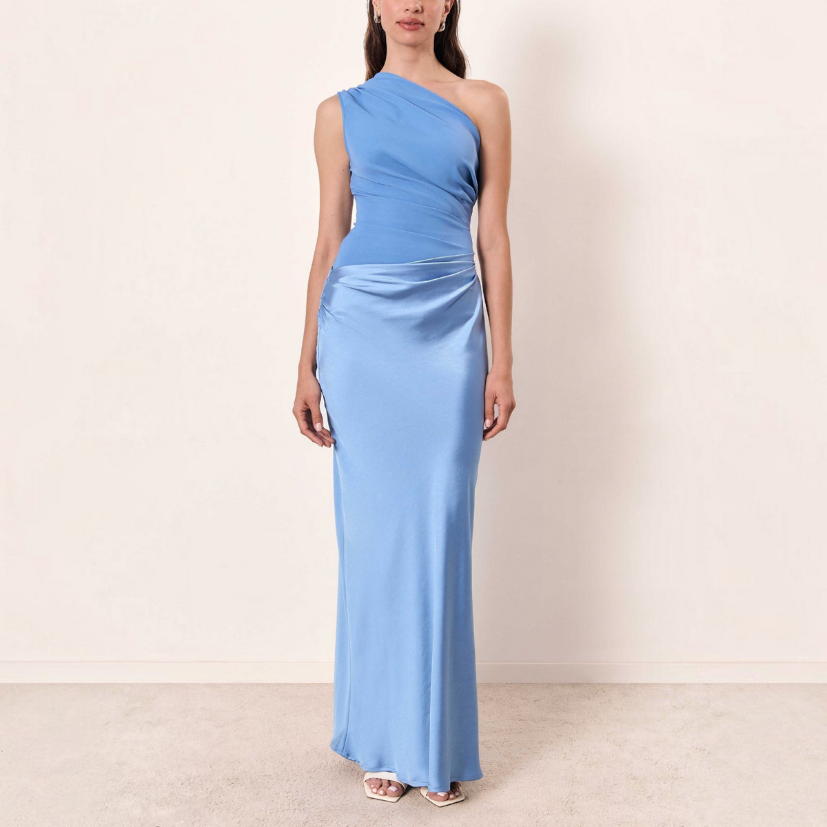 One Shoulder Maxi Dress with Pleated Asymmetric Waist and Full Lining, Floor-Length