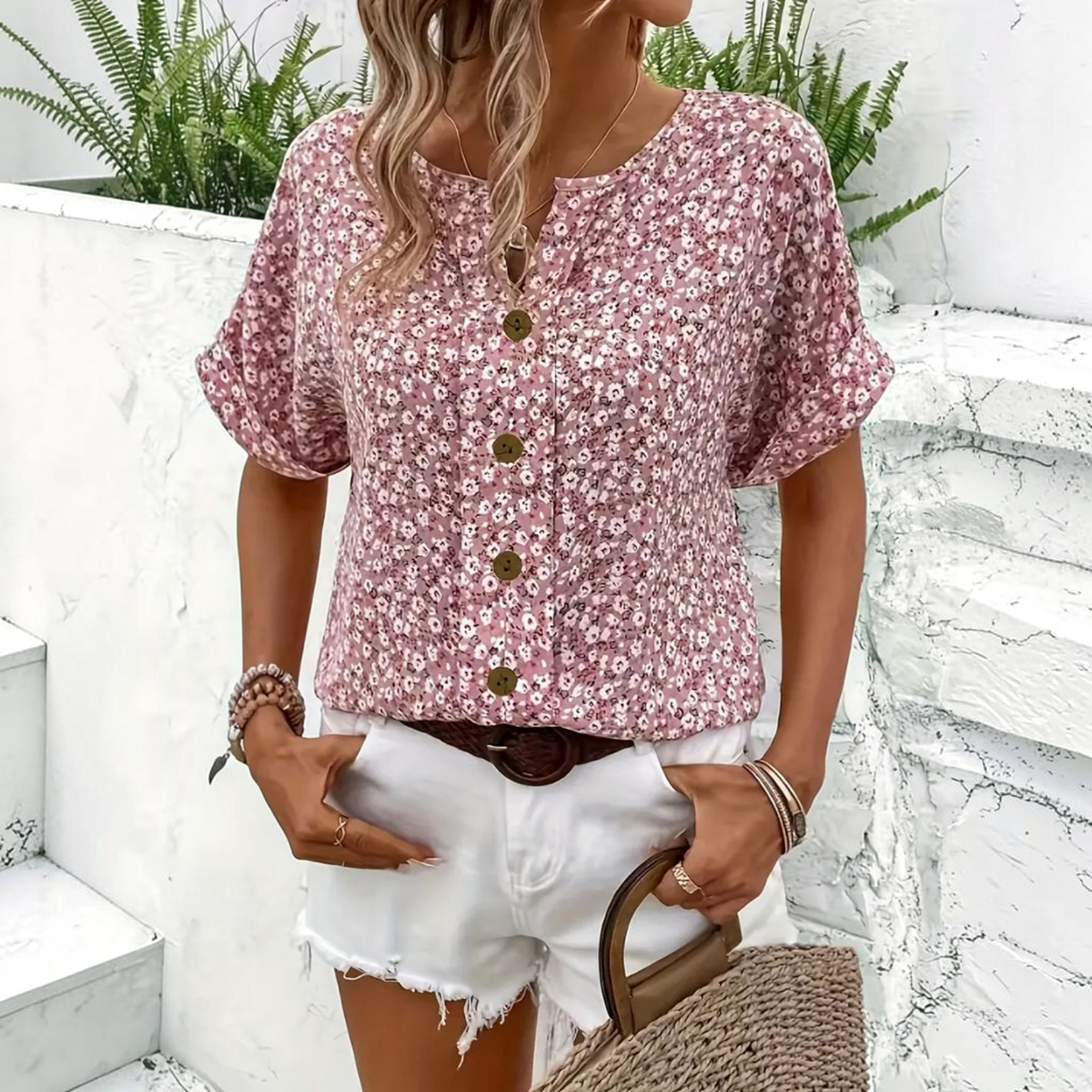 Womens Floral Blouse with Button Front and Lightweight Fabric, Loose Fit