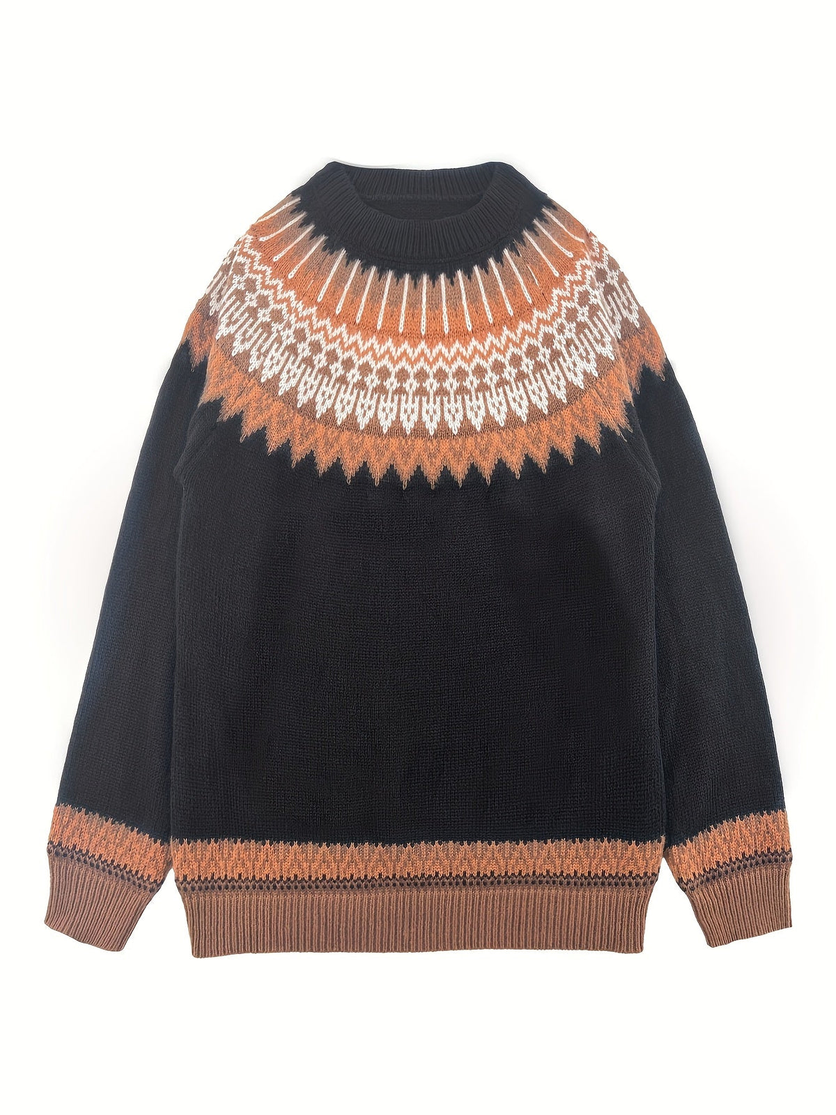 Chunky Jacquard Knit Sweater with Round Neck and Relaxed Fit