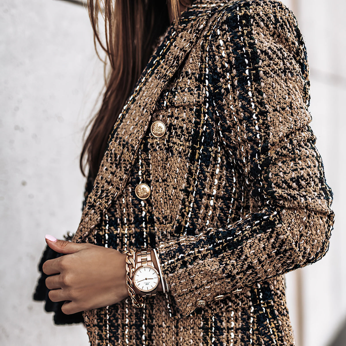 Double Breasted Check Blazer for Women and Button Cuffs