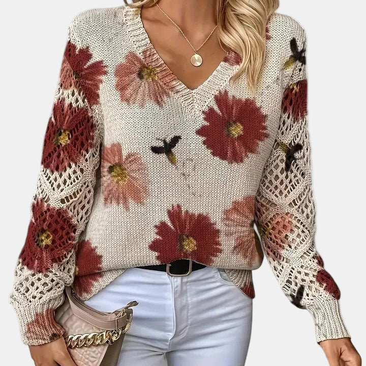 Floral Knit Sweater with V-Neckline and Open Sleeves for Women - Ribbed Hem