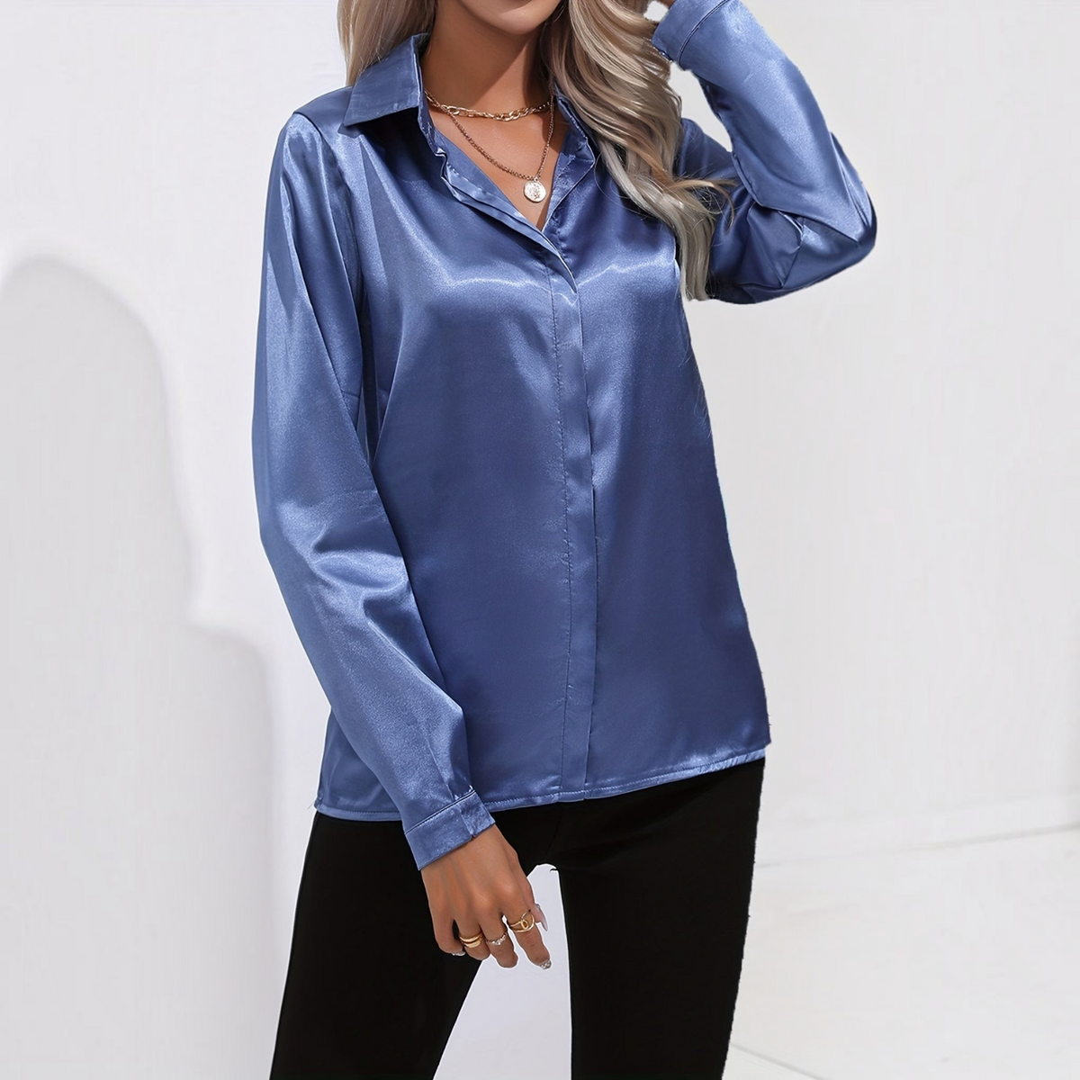 Satin Blouse for Women with Button Down Front and Long Sleeves, Tailored Relaxed Fit