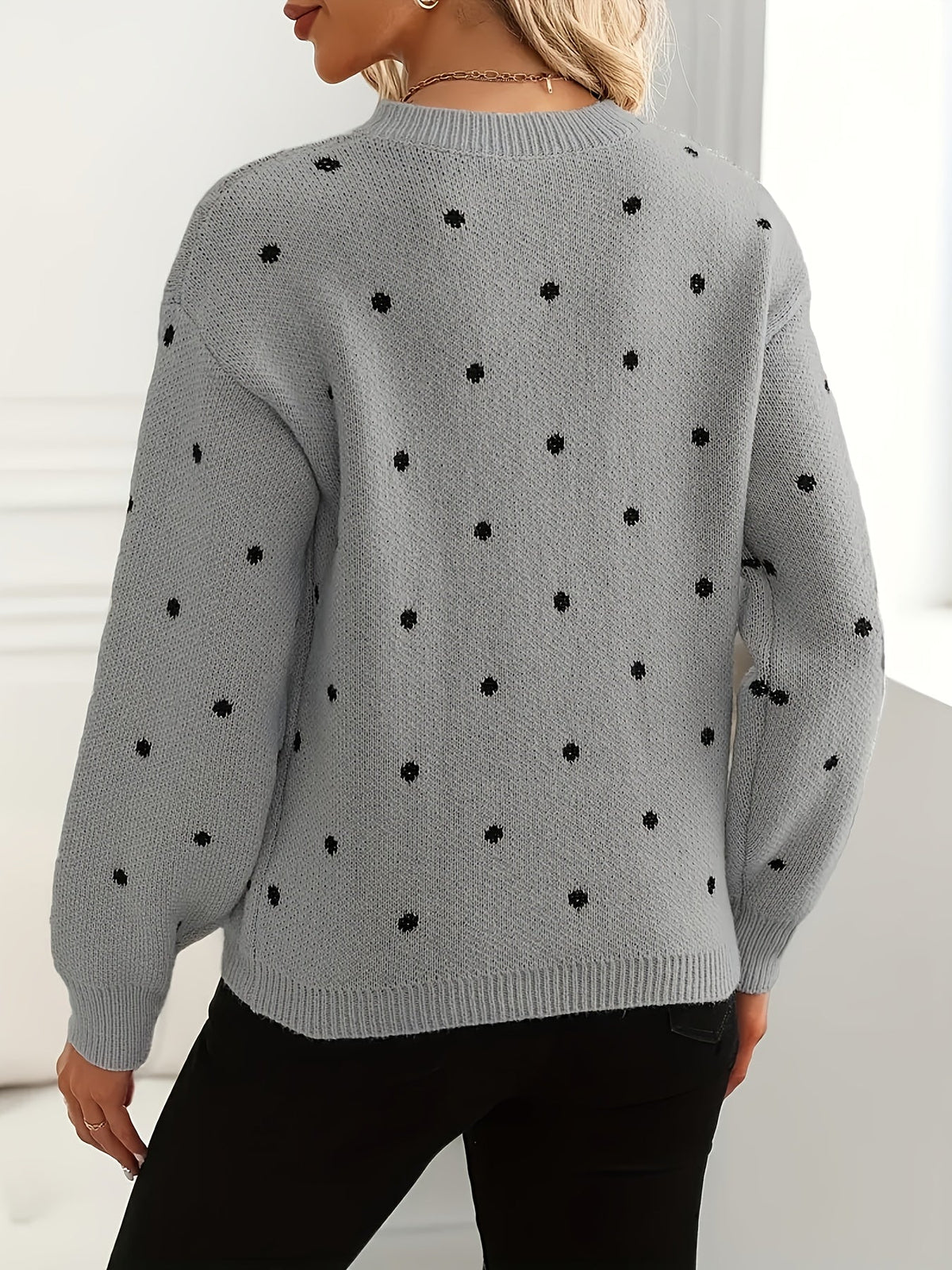 Polka Dot Crew Neck Sweater with Light Stretch Knit and Relaxed Fit