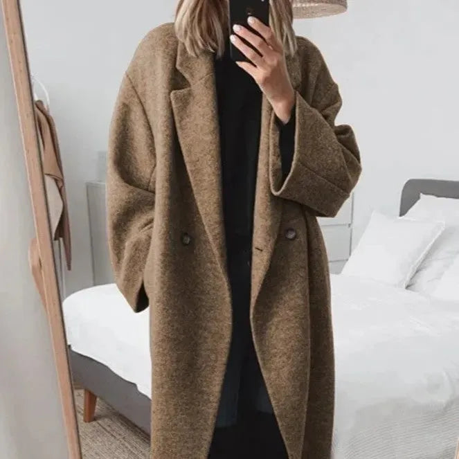 Oversized Coat with Double-Breasted Buttons and Wool-Blend Lining for Women - Relaxed Fit