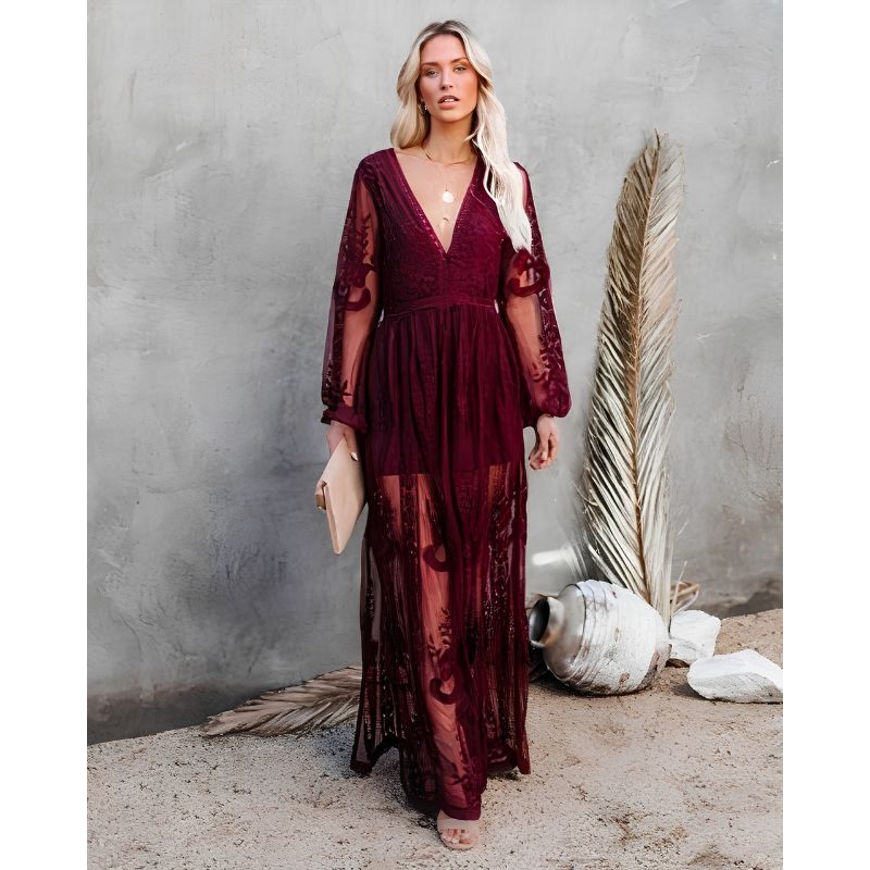 Womens Maxi Dress with V-Neck and Side Slit, Evening-Ready Soft Woven Blend