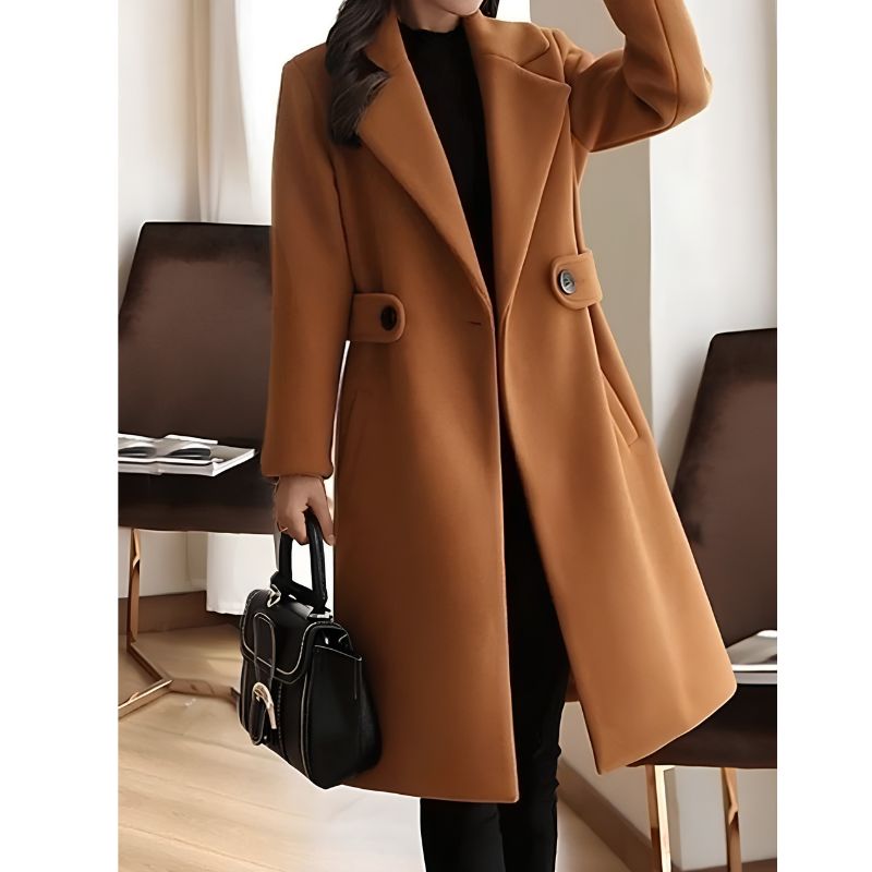 Womens Long Trench Coat with Wide Lapel Collar and Waist Tab Detail