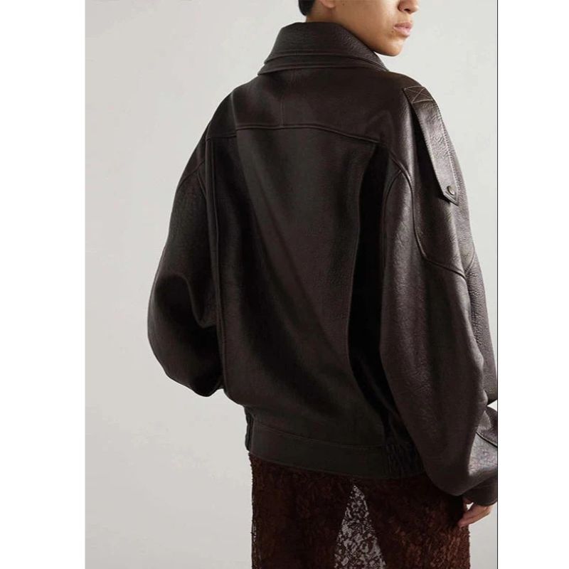 Oversized Faux Leather Bomber Jacket with Asymmetrical Zipper