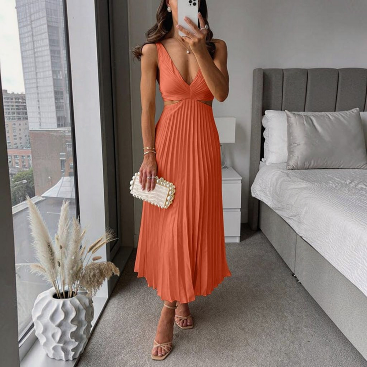Pleated Midi Dress with Relaxed Flowing Fit and Breathable Lightweight Fabric, Hand Wash
