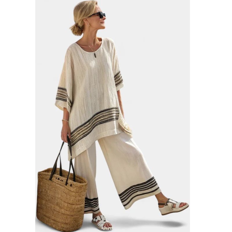 Womens Oversized Loungewear Set with Vertical Stripes and Lightweight Woven Fabric