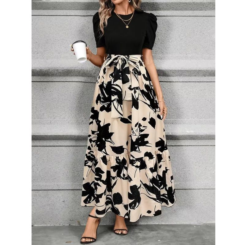 Maxi Dress with Adjustable Tie Waist and Short Sleeves, Lightweight Woven Fabric