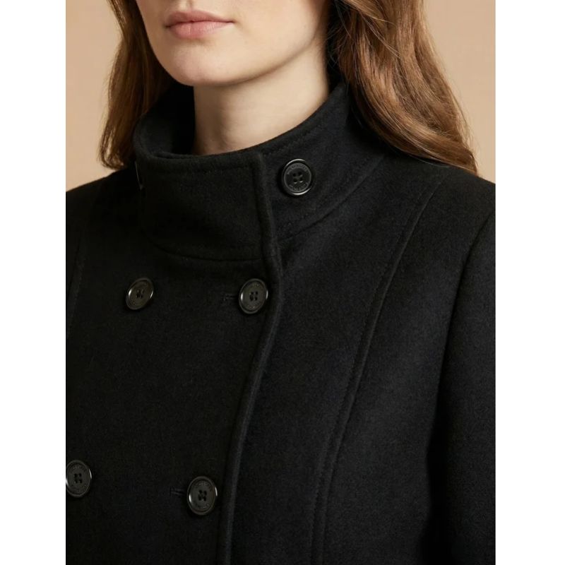 Womens Double-Breasted Coat with Classic Collar and Cuff Tabs, Mid-Length