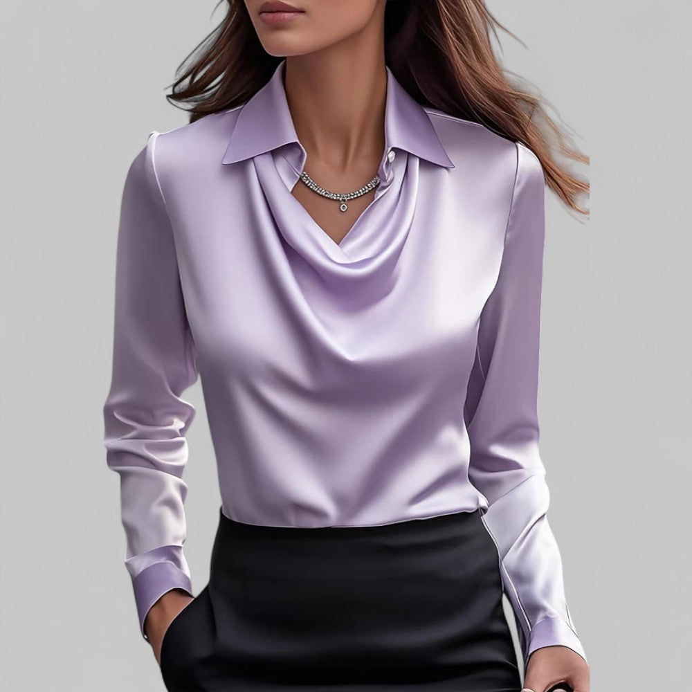 Womens Satin Blouse with Draped Neckline and Long Sleeves, Relaxed Tailored Fit