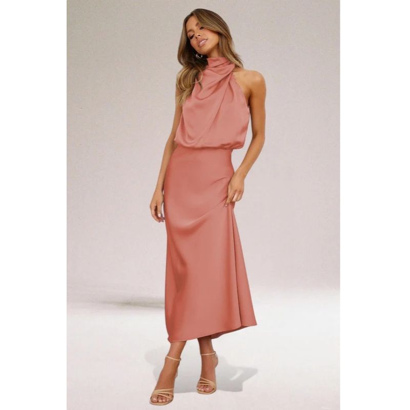 Halter Neckline Evening Dress with Luminous Fabric and Flowing Silhouette